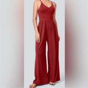 Halara red wide leg V neck jumpsuit stretch comfortable solid pockets XL NWT